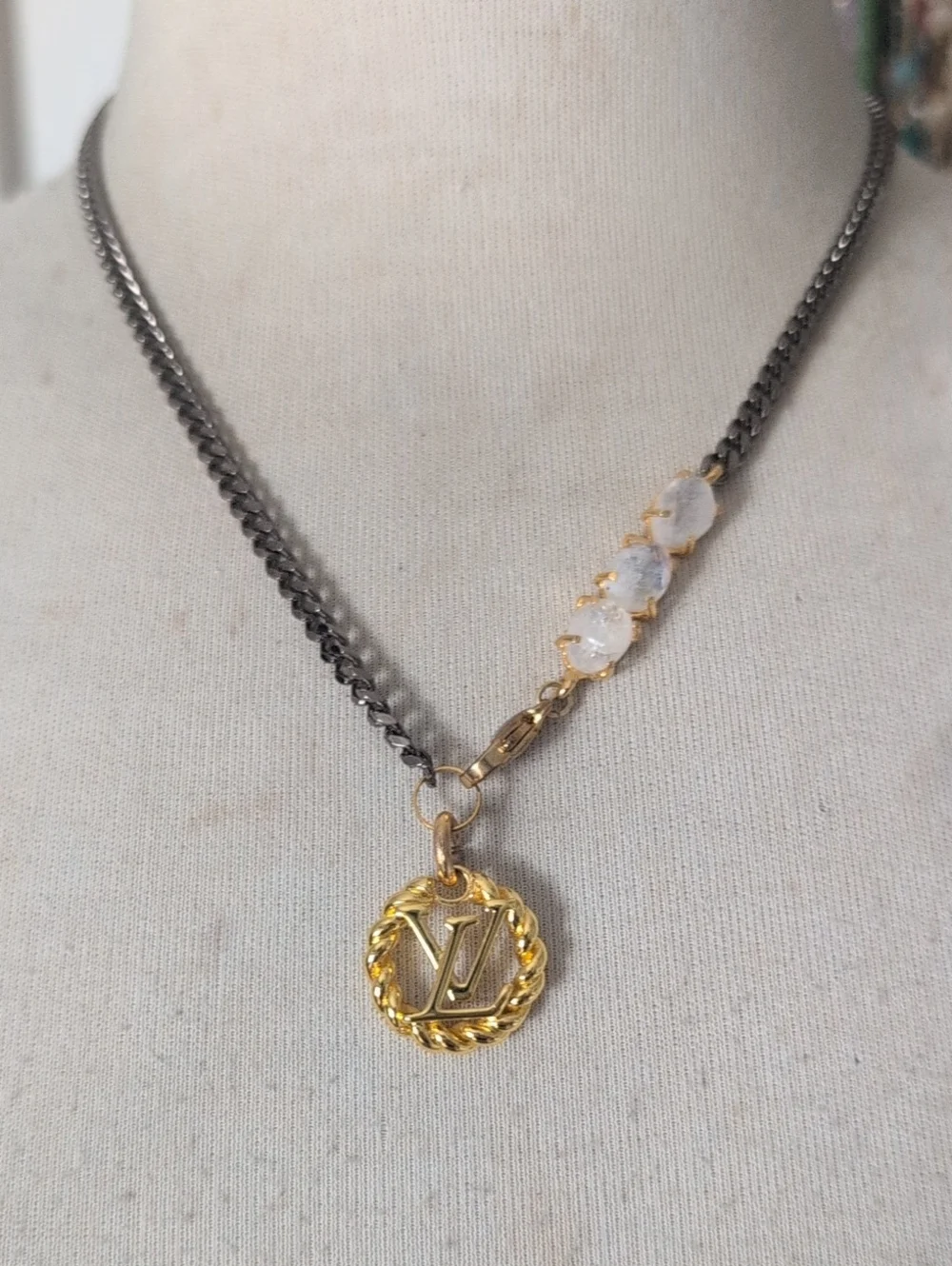 Louis Vuitton Gold On Black Rhodium Flat Curb Chain Necklace Moonstone Accents